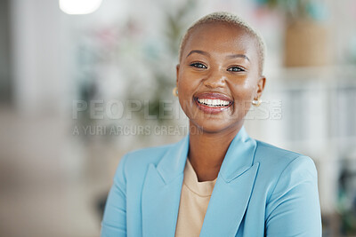 Buy stock photo Office smile, portrait and black woman, business or worker confident for startup company mission. Management, corporate person or African female, bank admin or professional consultant face
