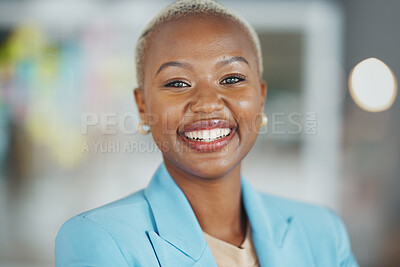 Buy stock photo Agency, face portrait and happy black woman, business or worker confident for startup company mission. Management, corporate person and African female, bank admin or professional consultant