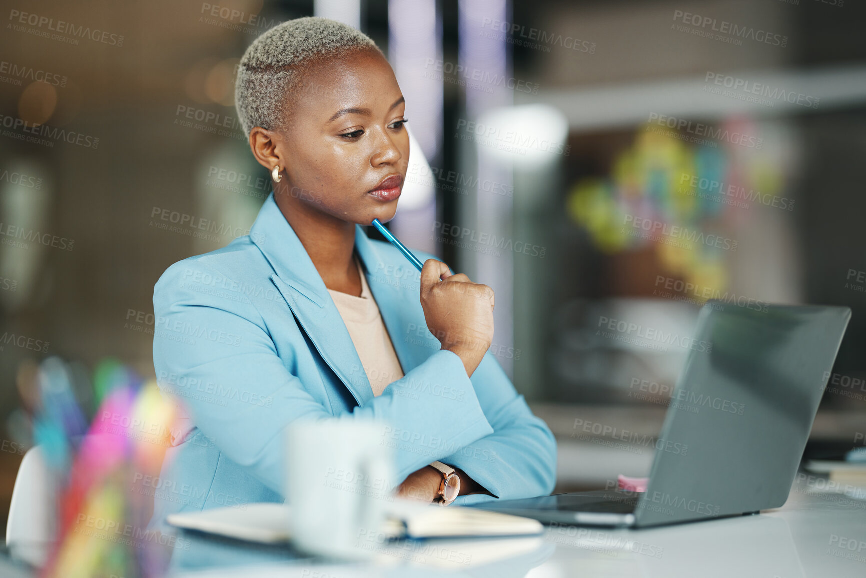Buy stock photo Laptop, idea and a serious business black woman in her office on a review, proposal or project. Work, focus and thinking with a female employee reading an email or doing research while working 