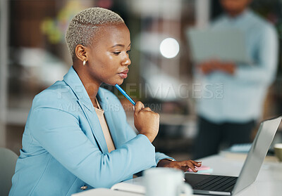 Buy stock photo Business thinking, laptop focus and black woman, creative agent or person contemplating brand advertising plan. Project, problem solving and girl reading company report idea for social media strategy