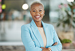 Office portrait, leader and happy black woman, business manager or employee smile for startup company success. Management, corporate person and African female, bank admin or professional consultant