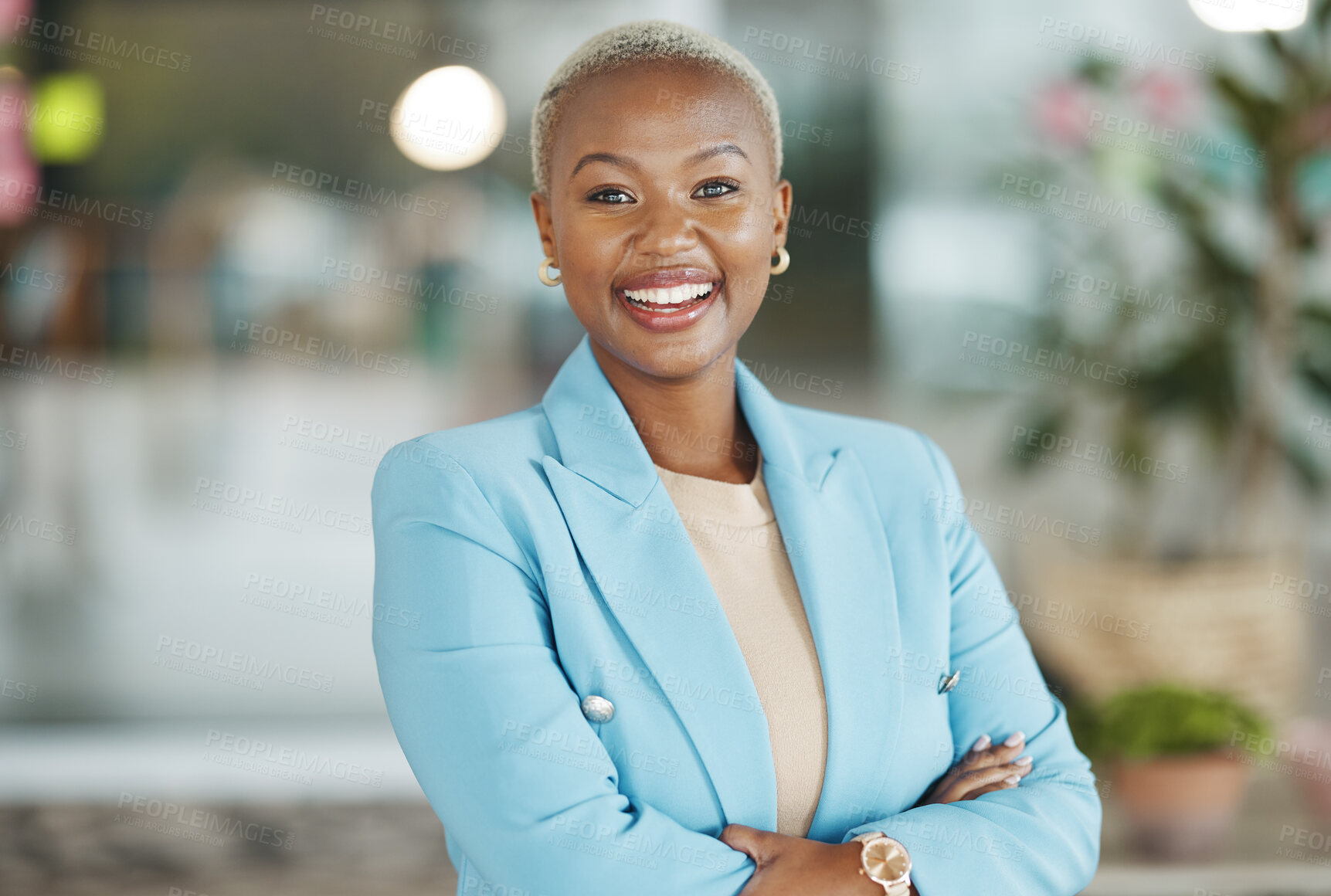 Buy stock photo Office portrait, leader and happy black woman, business manager or employee smile for startup company success. Management, corporate person and African female, bank admin or professional consultant
