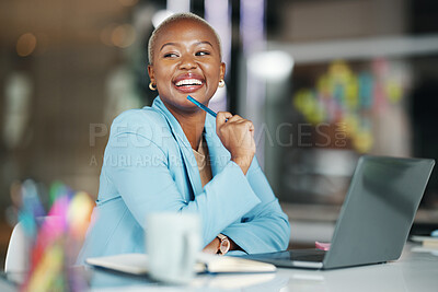 Buy stock photo Office smile, laptop and happy black woman, creative agent or business person thinking of brand advertising plan. Agency, professional or girl working on company development for social media strategy