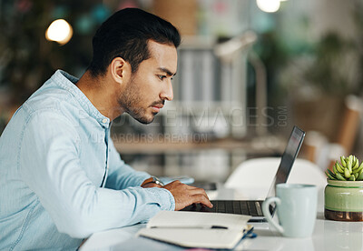 Buy stock photo Business, focus and man with laptop, research and online reading in workplace, software update or website design. Male employee, consultant or worker with device, technology or typing with connection