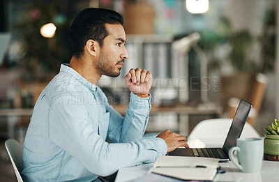 Buy stock photo Business, office laptop and man thinking of creative development, solution or brand advertising plan. Research project, problem solving profile and person contemplating idea for social media strategy