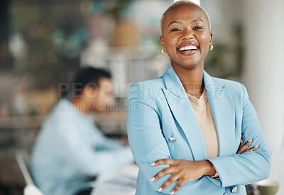 Buy stock photo Happy, laughing and portrait of black woman in office for leadership, management and development. Positive, inspiration and mission with female employee for growth, motivation and empowerment