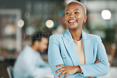 Buy stock photo Happy, smile and arms crossed with black woman in office for leadership, management and development. Vision, inspiration and mission with female employee for growth, motivation and empowerment