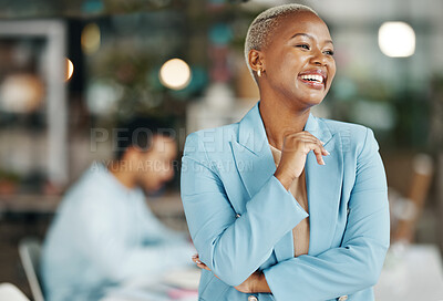 Buy stock photo Happy, confident and arms crossed with black woman in office for leadership, management and laughing. Vision, inspiration and mission with female employee for smile, motivation and empowerment