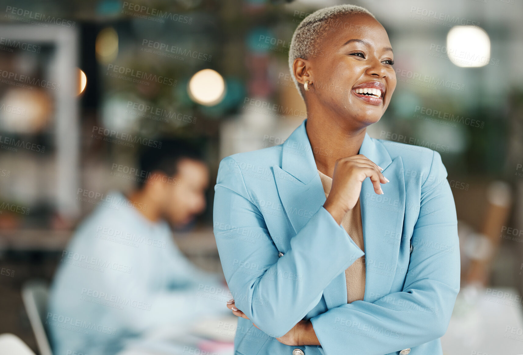 Buy stock photo Happy, confident and arms crossed with black woman in office for leadership, management and laughing. Vision, inspiration and mission with female employee for smile, motivation and empowerment