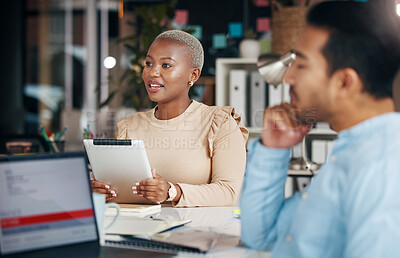 Buy stock photo Meeting, presentation and black businesswoman briefing her team using a tablet in a boardroom planning and brainstorming. Employee, corporate and female manager or leader talking and presenting