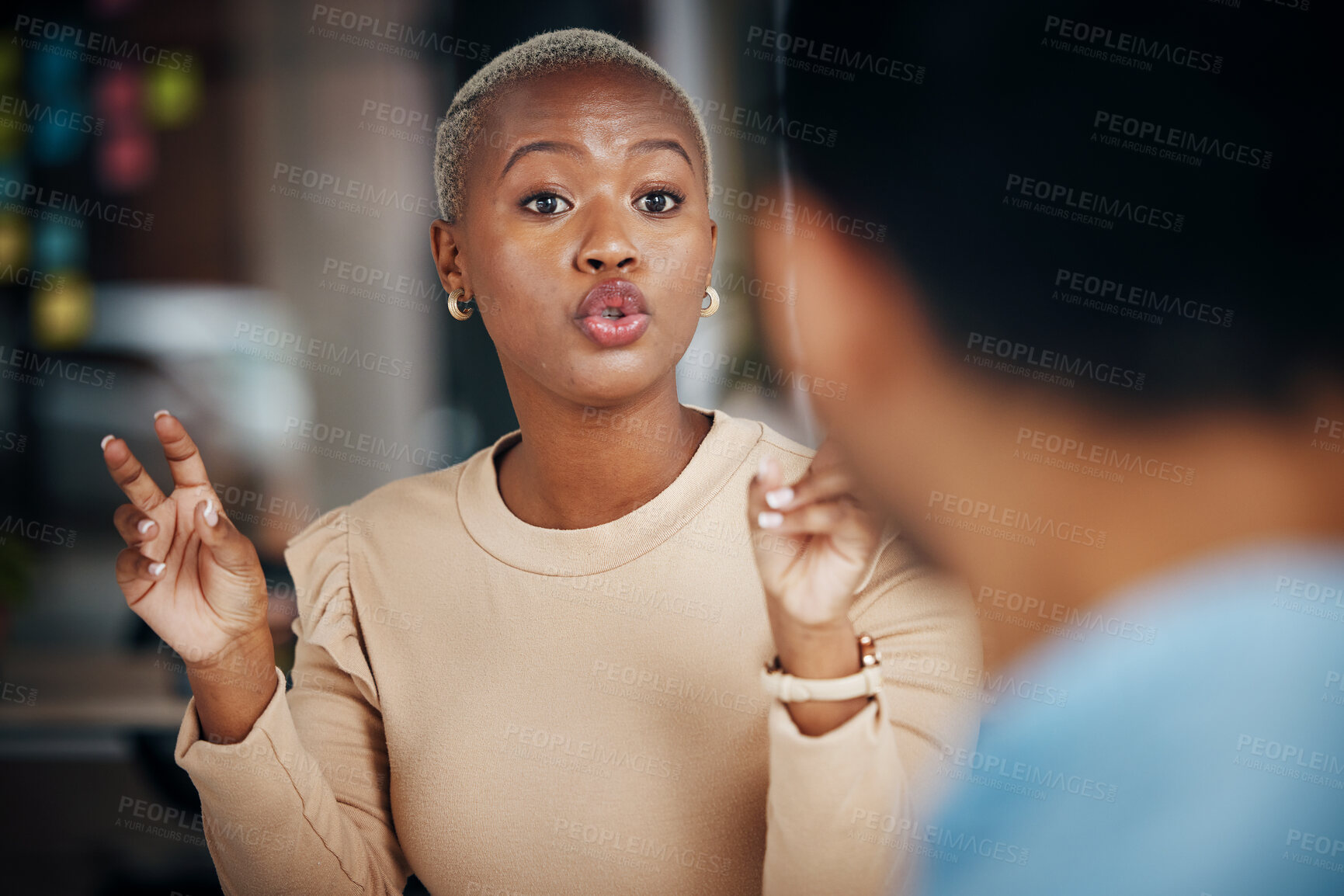 Buy stock photo Black woman, communication and talking business people, office friends or partnership team consulting on project. Conversation, collaboration and employees speaking, chat and discussion on strategy

