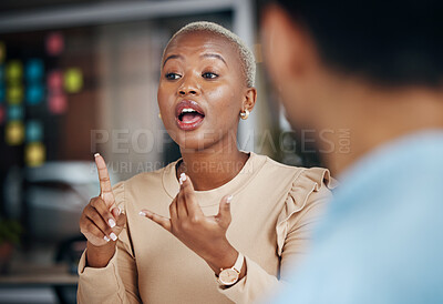 Buy stock photo Black woman, explain and talking team, office friends or business people consulting on proposal. Conversation, collaboration and networking employees speaking, chat and discussion on strategy