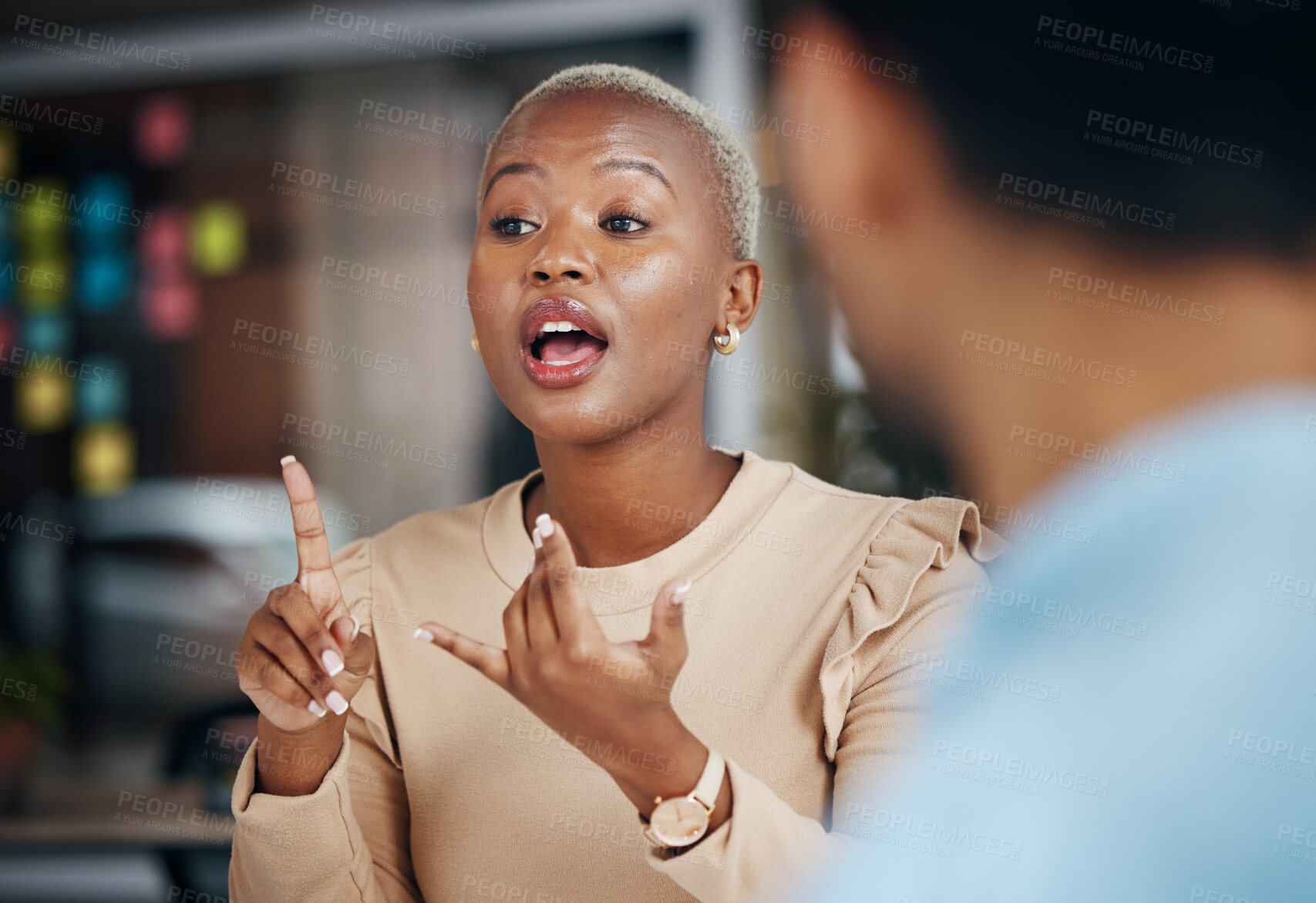 Buy stock photo Black woman, explain and talking team, office friends or business people consulting on proposal. Conversation, collaboration and networking employees speaking, chat and discussion on strategy