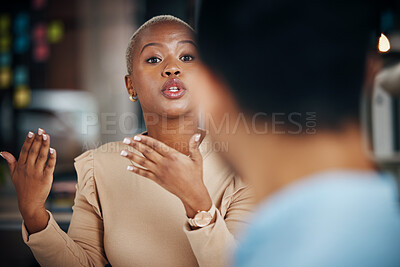 Buy stock photo Black woman, explain and talking business people, office friends or partnership team consulting on proposal report. Conversation, collaboration and employees speaking, chat and discussion on strategy