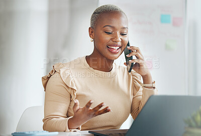 Buy stock photo Phone call, business and black woman talking in office, chatting or speaking to contact. Laptop, cellphone and happy African female professional in conversation, networking or discussion on mobile.