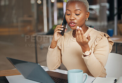 Buy stock photo Laptop, phone call or black woman networking, talking or in communication for a company or digital agency. Business, girl or journalist speaking about online content research, feedback or update
