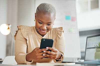 Buy stock photo Black woman, office and texting on smartphone with smile, email or social media with happiness. Businesswoman, phone app and web chat for online dating, blog post and excited for contact at desktop