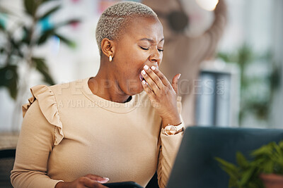 Buy stock photo Office laptop, yawning or tired black woman reading email, online research or internet news report with fatigue. Exhausted African journalist copywriting for digital agency or fashion blog article