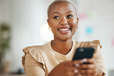 Buy stock photo Black woman, office and phone for texting with thinking, smile and social network ux with happiness. Businesswoman, smartphone app and email for web chat, blog post and excited for networking at job