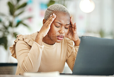 Buy stock photo Office headache, laptop or black woman tired of computer error, database crash or mental health stress. Mistake, 404 glitch or sad female accountant with migraine, pain or burnout problem