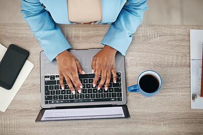 Buy stock photo Woman, hands and laptop typing above for email, business proposal or digital report on office desk. Top view of female employee hand working on computer in communication or networking at workplace