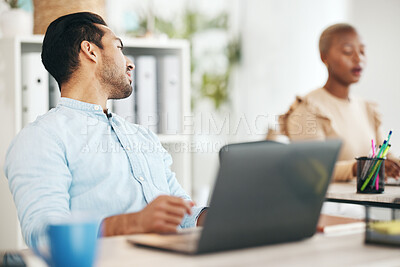 Buy stock photo Office, talking and business man at desk on break in conversation, speaking and chatting to coworker. Creative startup, company and male worker with computer working on project, report and research