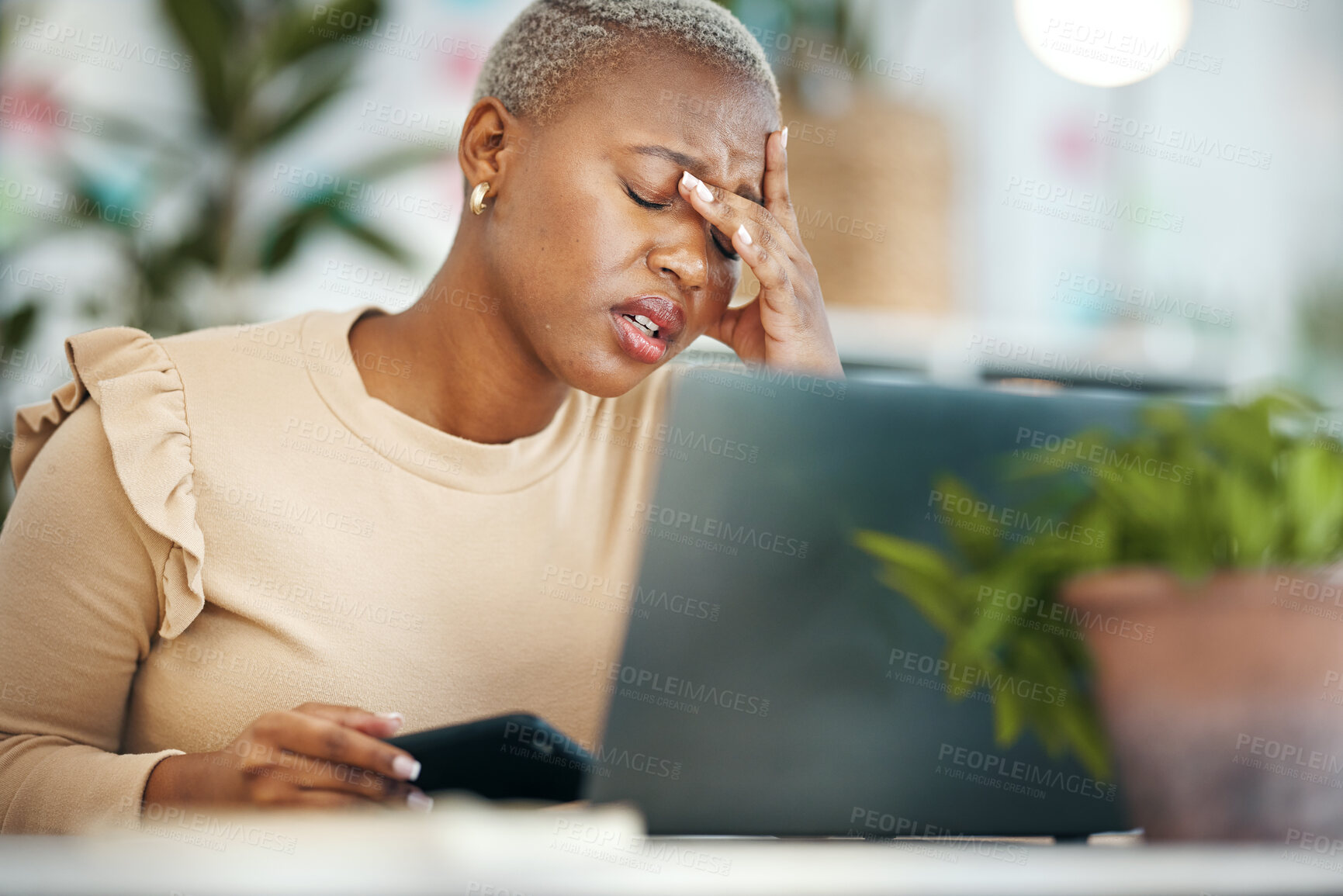 Buy stock photo Stress, headache and black woman in the office while working on project with a laptop. Burn out, tired and professional African female business employee with a migraine in modern corporate workplace.