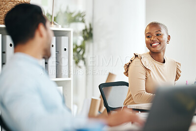 Buy stock photo Business people, friends and talking at the office in partnership, collaboration or teamwork. Happy employee woman smiling with colleague for team building, socializing or chat together at workplace