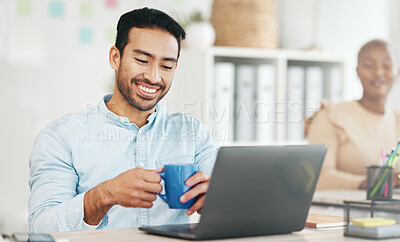 Buy stock photo Laptop, coffee and smile with a business man at work in his office, taking a break during a project. Computer, drink and internet search with a male employee working on an email, proposal or review