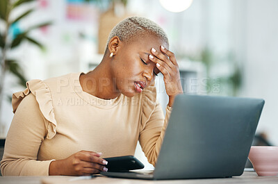 Buy stock photo Stress, migraine and African businesswoman in the office while working on project with laptop. Burn out, tired and professional female business employee with a headache in modern corporate workplace.