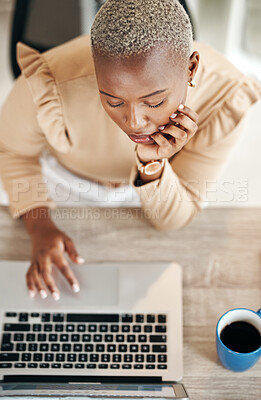 Buy stock photo Laptop, top view and African businesswoman working on. a corporate project with a cup of coffee. Technology, professional and female employee doing research for report on a computer in the workplace.