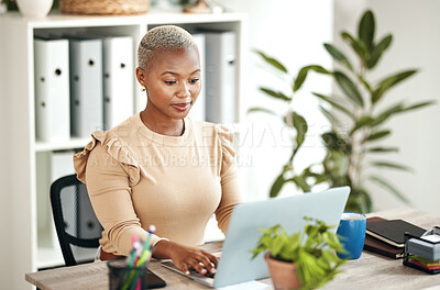 Buy stock photo Black woman, laptop and typing in startup office for planning, schedule or proposal in workplace. Web design expert, computer and female at desktop for development, goals and seo strategy on internet