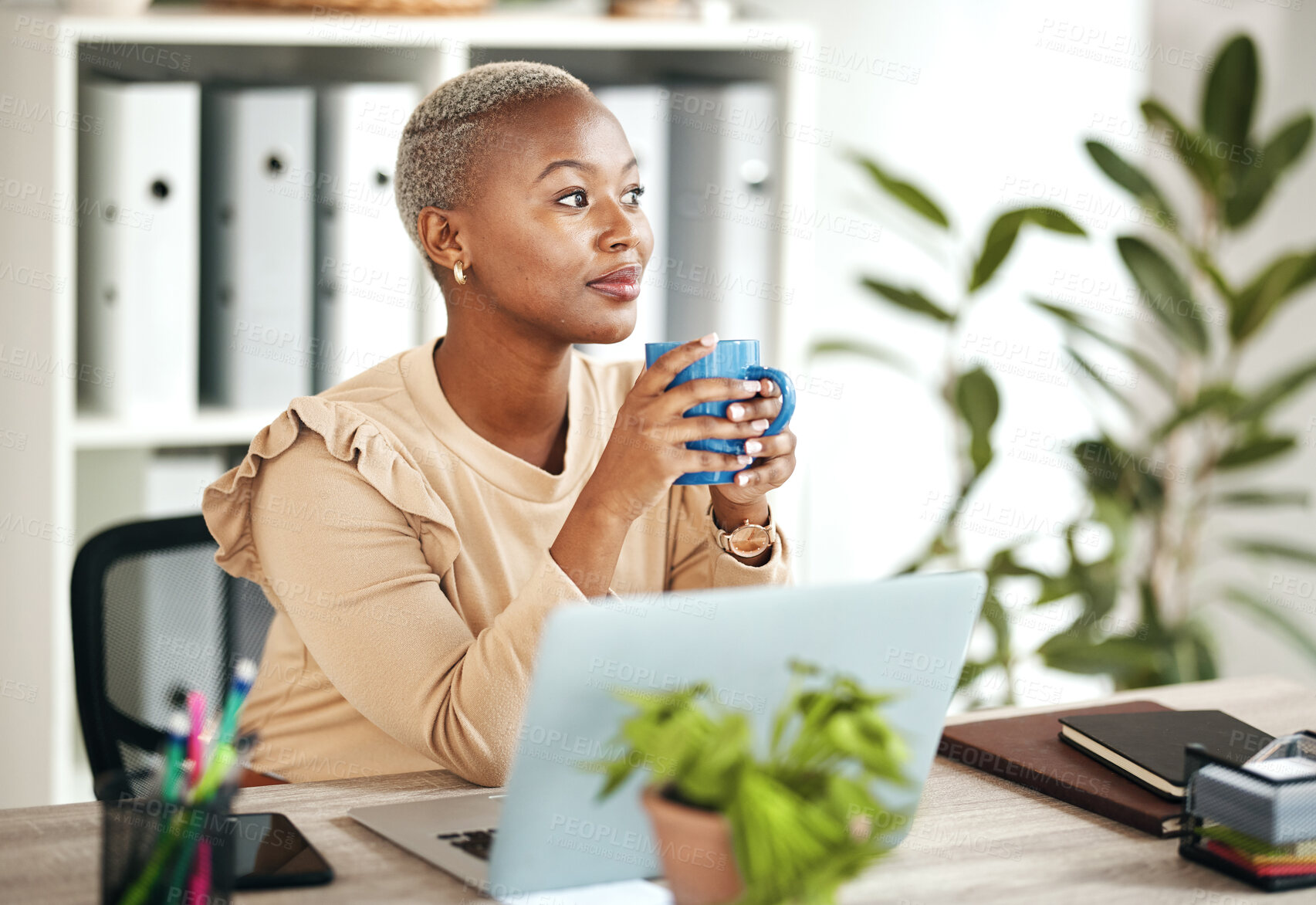 Buy stock photo Black woman at desk, thinking with coffee and relax with ideas for content creation at digital marketing startup. Copywriter, laptop and female, contemplating and inspiration for copywriting job