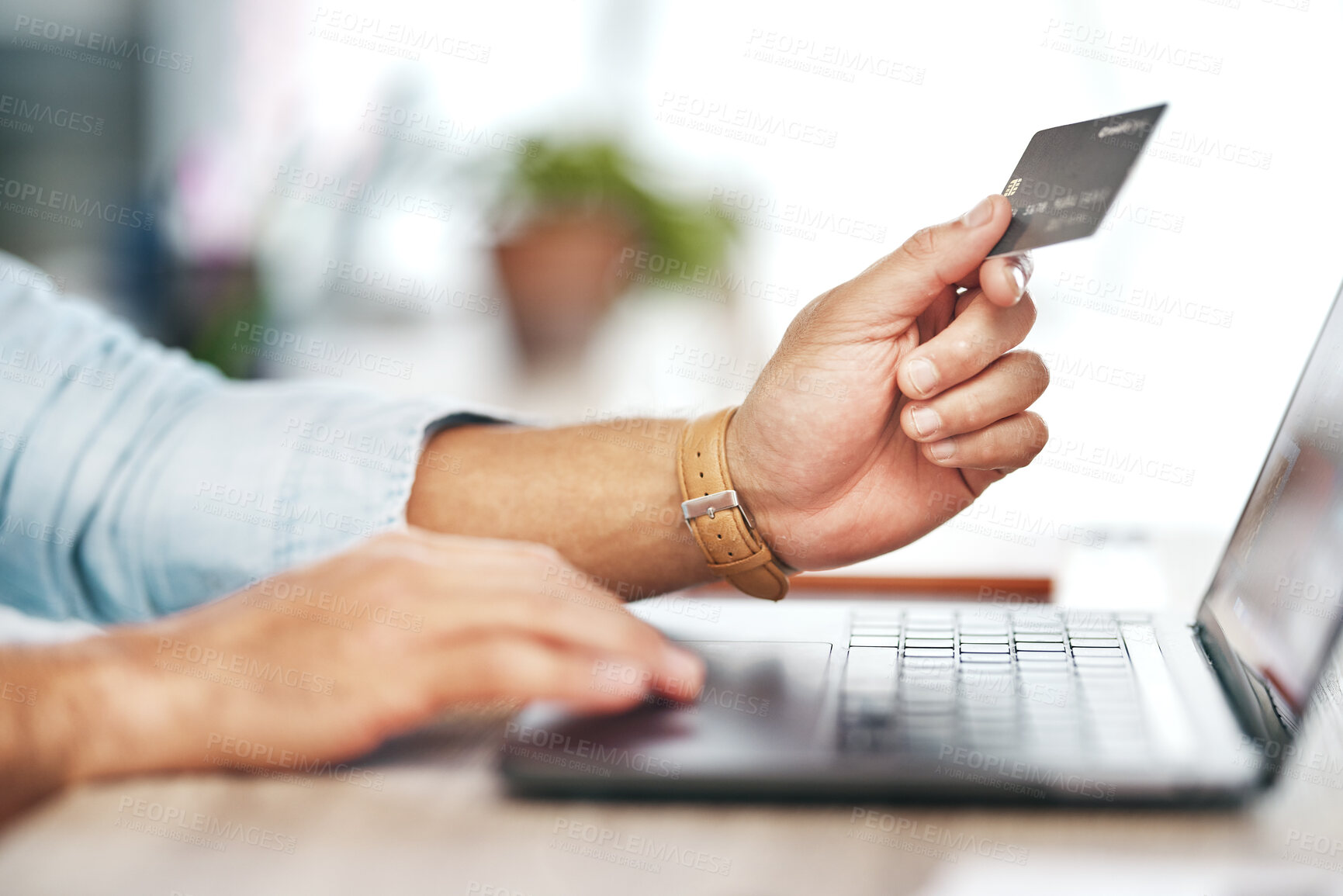 Buy stock photo Man, hands and laptop with credit card for online shopping, ecommerce or wireless transaction on desk. Hand of male on computer for internet banking, app or financial purchase or payment on table