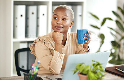 Buy stock photo Black woman at desk, thinking with coffee cup and relax with ideas for content creation at digital marketing startup. Copywriter, laptop and female, contemplating and inspiration for copywriting job