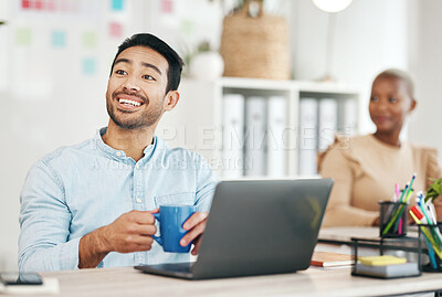 Buy stock photo Laptop, coffee and happy with a business man at work in his office, taking a break during a project. Computer, drink and internet search with a male employee working in a creative startup workplace