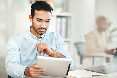 Buy stock photo Reading, tablet and business man in office with research, information or internet browsing. Thinking, technology idea and male professional with touch screen for web scrolling, networking or email.