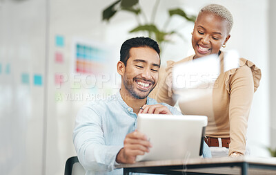 Buy stock photo Creative business people, tablet and smile for planning, design or digital marketing at the office desk. Happy asian man and black woman smiling with touchscreen for project plan or startup strategy