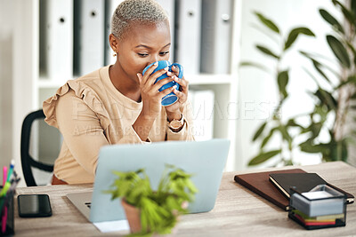 Buy stock photo Black woman, business and coffee at laptop on desk in office reading email online with internet. Entrepreneur female person drinking tea and planning schedule or work while thinking about search