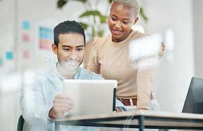 Buy stock photo Creative business people, tablet and planning in digital marketing for design or tasks at office. Happy asian man and black woman smiling with touchscreen working on project plan or startup strategy