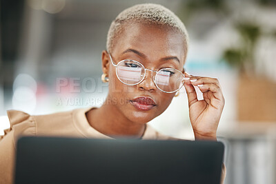 Buy stock photo Office, laptop and black woman, reflection in glasses and thinking, checking email or search on digital report. Computer, concentration and journalist reading article for African online news website.