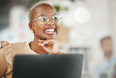 Buy stock photo Happy black woman, thinking and smile, relax at desk with laptop for content creation ideas at digital marketing startup. Copywriter, female and contemplating with inspiration for copywriting job