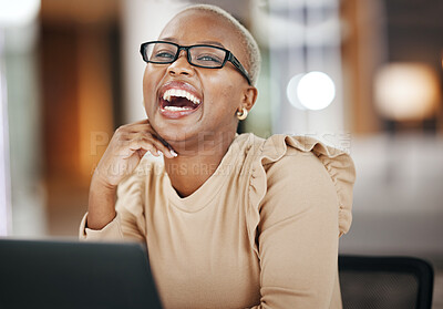 Buy stock photo Office, glasses and portrait of laughing black woman with laptop, smile and confidence at work. Computer, happiness and African journalist working on funny article for digital news website or blog.