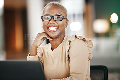 Buy stock photo Office, laptop and portrait of black woman with glasses, smile and working on online research or report. Computer, confidence and happy African journalist writing article for digital news website.