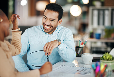 Buy stock photo Meeting, planning and collaboration with laughing people together while working in their business office. Collaboration, strategy and humor with a team joking at work while sitting in their workplace