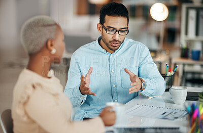 Buy stock photo Team, interracial and discussion, brainstorming and meeting about project and communication, strategy and diversity. Collaboration at digital marketing agency, planning and people at desk with folder