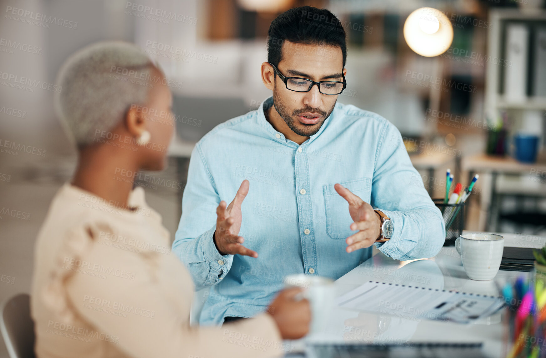 Buy stock photo Team, interracial and discussion, brainstorming and meeting about project and communication, strategy and diversity. Collaboration at digital marketing agency, planning and people at desk with folder