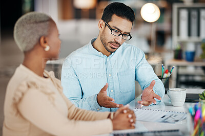 Buy stock photo Teamwork, ideas or business people in conversation in office in a digital agency working on a sales project. Collaboration meeting, documents or employees talking or planning our vision or strategy 