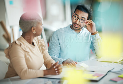 Buy stock photo Team, interracial and brainstorming, talk in meeting for market research and overlay, strategy and sticky note. Collaboration at digital marketing startup, black woman and man at desk with teamwork