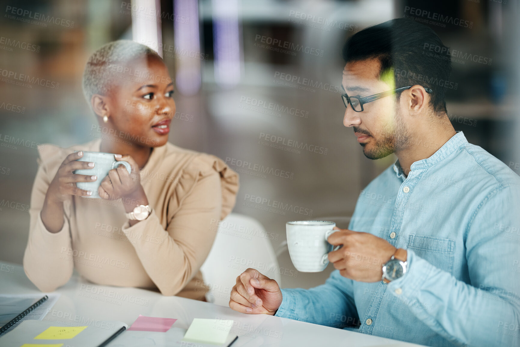 Buy stock photo Team, interracial and brainstorming, meeting and coffee with market research and discussion, strategy and sticky note. Collaboration at digital marketing startup, people at desk with teamwork